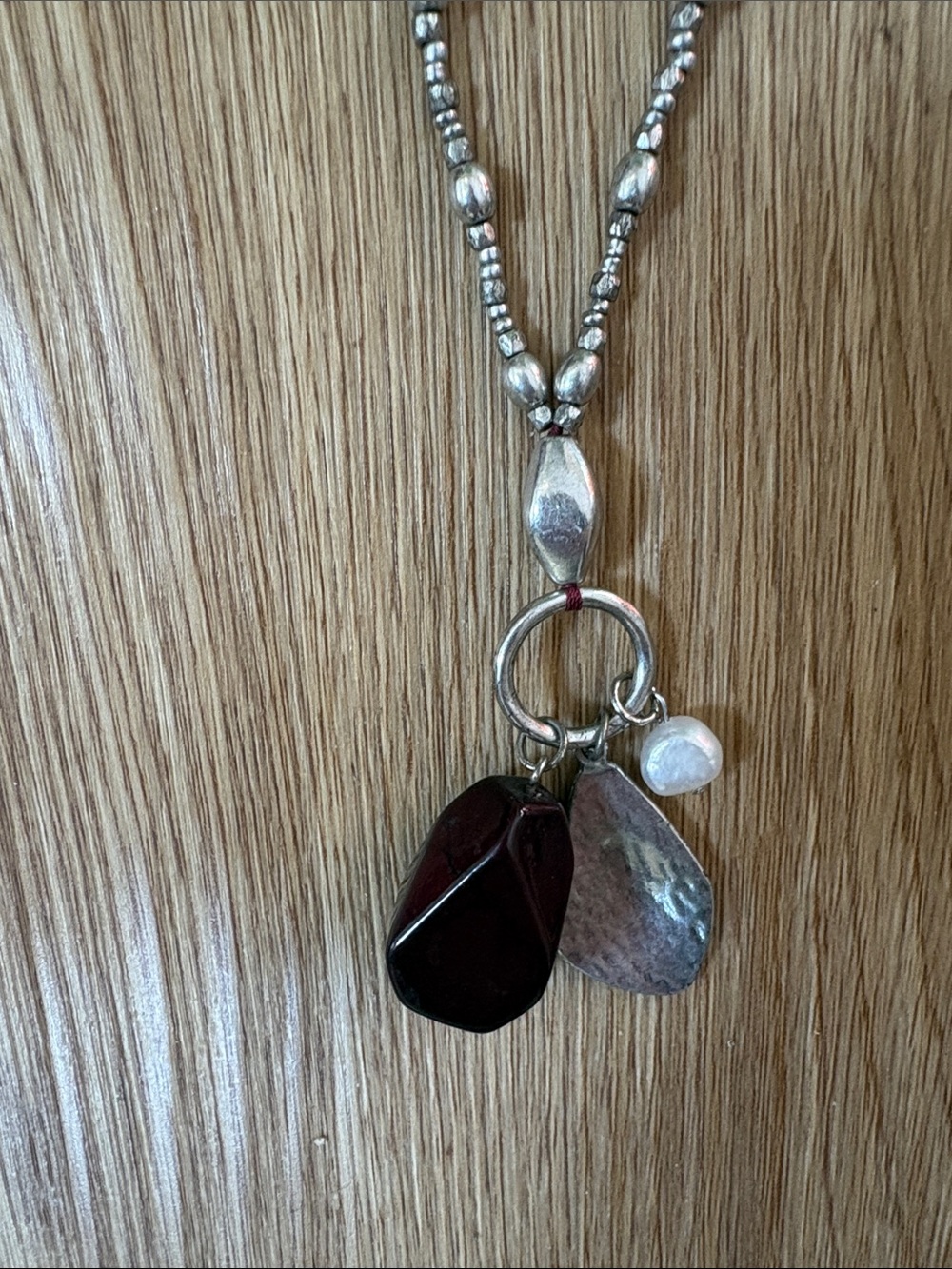 Silver Bead Necklace with Garnet Pendant and Pearl Accent